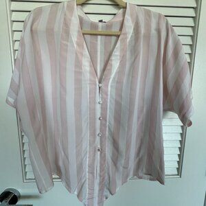 Pink White Stripe 100% silk front tie blouse Sz S